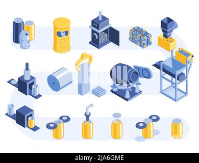 Aluminiumdosen Recycling Prozessstufen isometrisch eingestellt von der Sammlung Sortierung bis zum Pressen Umformung Walzform Vektordarstellung Stock Vektor