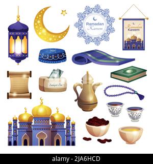 Ramadan Satz von isolierten Ikonen mit Moschee und koran Bücher mit Geschirr Teekannen und Gebetsperlen Vektor-Illustration Stock Vektor