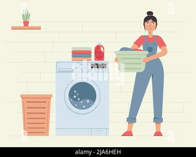 Glückliche Frau beim Waschen. Frau mit sauberer Kleidung am Rücken. Hausarbeit, Wäscheservice. Wäsche waschen. Stock Vektor