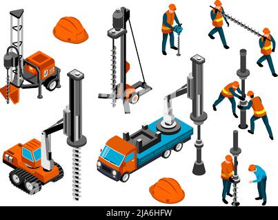 Driller Ingenieur einheitliche Helm Ausrüstung Maschinen für Gesteinsgrund Löcher Bohren Bergbau Tunneling isometrischen Set Vektor Illustration Stock Vektor