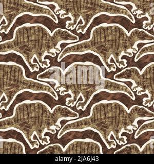 Braun handgezeichnete Spinosaurus fossile Knochen Dinosaurier nahtloses Muster. Geschlechtsspezifische neutrale jurassische Silhouette für die Babykrippe. Home Dekor für Museum Stockfoto