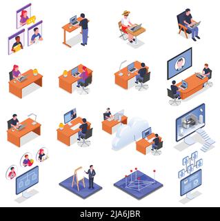 Isometrische Symbole für Fernverwaltung und Teamarbeit, die mit Mitarbeitern, die von zu Hause aus an Computern arbeiten, eingerichtet werden, isolierte Vektordarstellung Stock Vektor