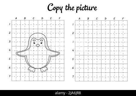 Kopieren Sie das Bild. Zeichnen durch Raster. Malbuch-Seiten für Kinder. Handschrift üben, Zeichnen Fähigkeiten Training. Bildung Entwicklung druckbarer Arbeitsblätter. Stock Vektor