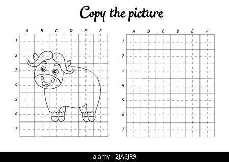 Kopieren Sie das Bild. Zeichnen durch Raster. Malbuch-Seiten für Kinder. Handschrift üben, Zeichnen Fähigkeiten Training. Bildung Entwicklung druckbarer Arbeitsblätter. Stock Vektor
