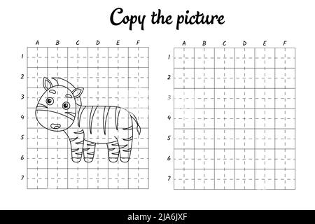 Kopieren Sie das Bild. Zeichnen durch Raster. Malbuch-Seiten für Kinder. Handschrift üben, Zeichnen Fähigkeiten Training. Bildung Entwicklung druckbarer Arbeitsblätter. Stock Vektor