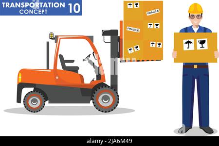 Detaillierte Abbildung von Gabelstapler und Arbeiter halten die Box in flachem Stil auf weißem Hintergrund. Stock Vektor