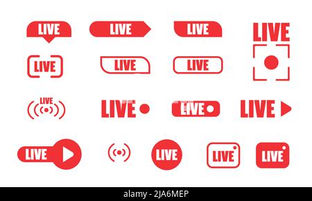 Großer Satz roter Tasten für Streaming, Live-Übertragung, Blog, Stream. Moderne Technologien für die Gestaltung von Videoinhalten, Nachrichtenfeeds. Flache Symbole. Vec Stock Vektor