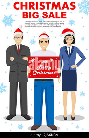 Weihnachts- und Neujahrskonzept. Detaillierte Illustration des Verkäufers halten die Box in den Händen, Geschäftsfrau und Geschäftsmann stehen zusammen. Personen in Th Stock Vektor