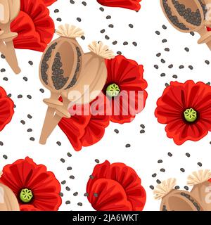 Nahtloses Muster der Mohnsamen-Würze mit Kopf und gefrästen Papierpaket Vektorgrafik Stock Vektor