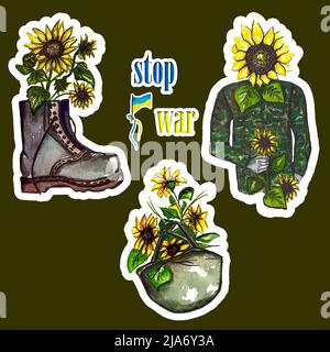 Stop war Aquarell Set von Aufklebern.Fall Sonnenblumen in militärischen Stiefeln und Helm.militärische Uniform mit Sonnenblume.Blühende Sonnenblumen.Ruhm der Ukraine Stockfoto