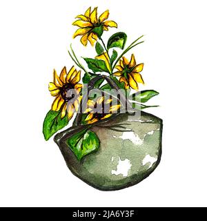 Aquarell Illustration fallen Sonnenblumen in militärischen Helm.Militäruniform mit Sonnenblume.Blühende Sonnenblumen.Ruhm der Ukraine.Unterstützen Ukraine.kein Krieg Stockfoto