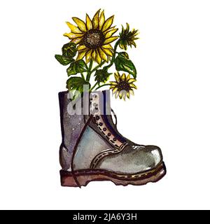 Aquarell-Illustration Sonnenblume in Soldier Form.Fall Sonnenblumen in militärischen Boot.Military Uniform mit Sonnenblume.Blühende Sonnenblumen.Ruhm der Stockfoto