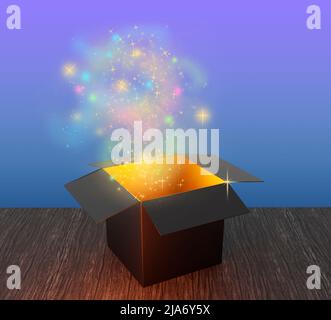 Geöffnete Zauberkisten dunkles Licht von innen. 3D Render, 3D Illustration Stockfoto