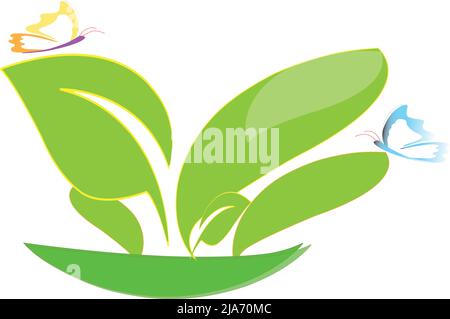 Grüne Blätter und Schmetterling. Nature Vector-Logo. Bestes natürliches Konzept. Hoher kommerzieller Einsatz Stock Vektor