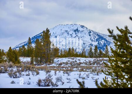 Schöne verschneite Landschaft mit großen schneebedeckten Berg Stockfoto