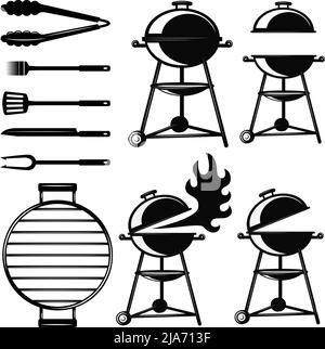 Set von BBQ Grill Icons und Design-Elemente in Vintage monochromen Stil. Gestaltungselement für Poster, Karte, Banner, Logo. Vektorgrafik Stock Vektor