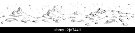 Alien Planet Grafik schwarz weiß Raum lange Landschaft Skizze Illustration Vektor Stock Vektor