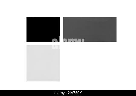 Leere monochrome Quadrate abstraktes Design blank graue Würfel auf weißem imitiertem Hintergrund isoliert. Stockfoto