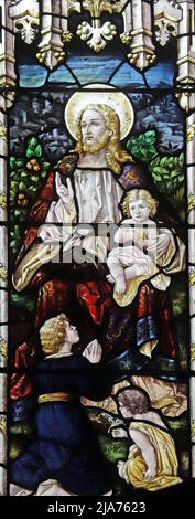 Buntglasfenster von Percy Bacon & Brothers mit Christusweihe-Kindern, Repton Church, Derbyshire Stockfoto