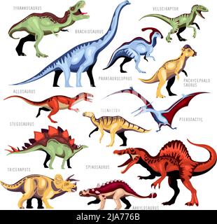 Dinosaurier Farbe Cartoon Satz von verschiedenen Arten von jurassic Fossilien Personen mit Beschreibung isoliert Vektor Illustration Stock Vektor