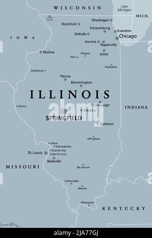 Illinois, IL, graue politische Landkarte mit der Hauptstadt Springfield und dem Großraum Chicago. Staat im Mittleren Westen der Vereinigten Staaten. Stockfoto