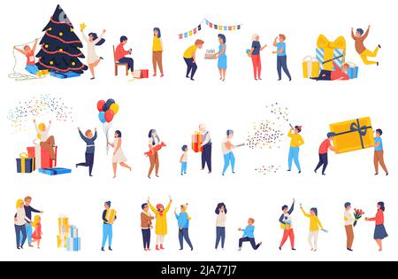 Happy Celebration Menschen flache Ikonen Sammlung von isolierten menschlichen Charakteren mit bunten Ballons und Geschenk-Boxen Vektor-Illustration Stock Vektor