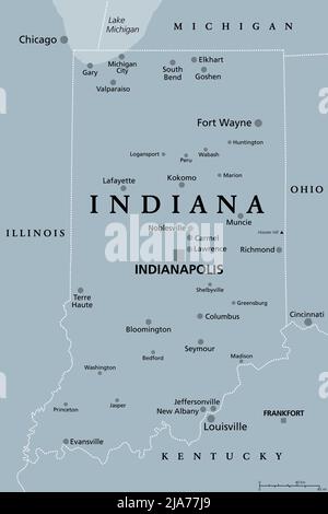 Indiana, IN, graue politische Karte mit der Hauptstadt Indianapolis, und den wichtigsten Städten, Flüssen und Seen. Staat im Mittleren Westen. Stockfoto