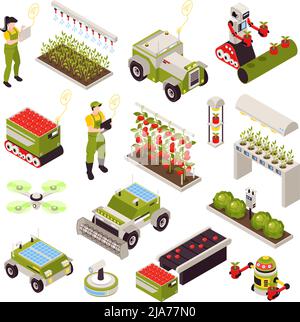 Isometrisches Smart Farm-Set mit isolierten Symbolen von Gemüsepflanzen und automatisierten Maschinen mit Vektorgrafik für menschliche Bediener Stock Vektor