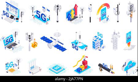 Internet 5G Technologie isometrische Symbole Satz von modernen Netzausrüstungs Geschwindigkeit Wachstum Diagramme und Pfeile isoliert Elemente Vektor Illustration Stock Vektor