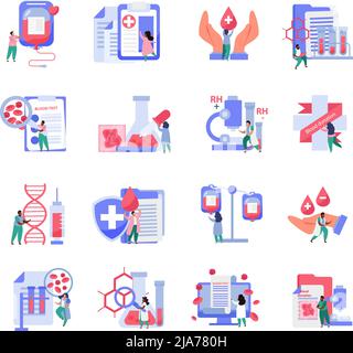 Symbole für Blutspenden mit Symbolen für das Gesundheitswesen, flache isolierte Vektordarstellung Stock Vektor