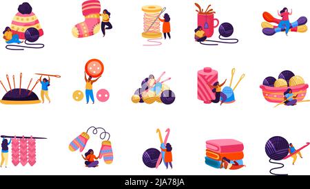 Satz von isolierten Strick flach neu färben Symbole mit Bildern von clews Nadeln Strick und menschliche Zeichen Vektor-Illustration Stock Vektor