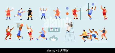 Sportstadion mit flachen Symbolen und isolierten Figuren im Doodle-Stil von Sportlern in einheitlicher Vektordarstellung Stock Vektor