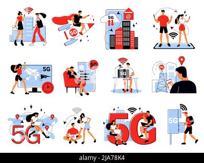5G Internet-Flat-Farbset mit menschlichen Charakteren und Gadgets isoliert auf weißem Hintergrund Vektor-Illustration Stock Vektor