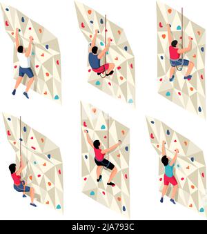Isometrisches Kletterset mit isolierten Ikonen Figuren des Trainings von Menschen auf Seilen Klettern Training Wand Vektor-Illustration Stock Vektor