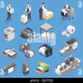Isometrisches Set der Druckerei mit isolierten Symbolen von Druckern für verschiedene Formate, Papierbögen und Vektorgrafik für Arbeiter Stock Vektor