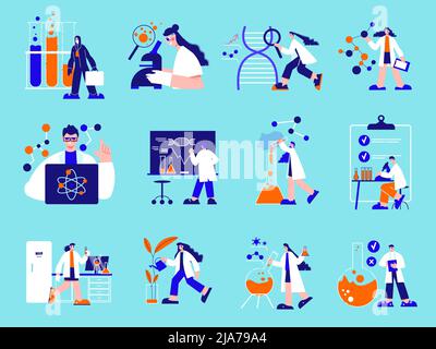 Wissenschaft Labor Farbsatz von Menschen arbeiten im Bereich der Nanotechnologie und Gentechnik isoliert Vektor Illustration Stock Vektor