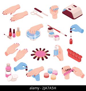 Maniküre isometrischer Satz weiblicher Hände und verschiedene Maniküre Zubehör einschließlich Schere Nagelfeile Pinzette Nagellack isoliert Vektor-Illustration Stock Vektor