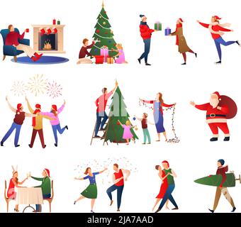 Weihnachten flache Gradienten Satz von glücklichen Menschen Dekoration weihnachtsbaum und geben einander Geschenke isoliert Vektor-Illustration Stock Vektor