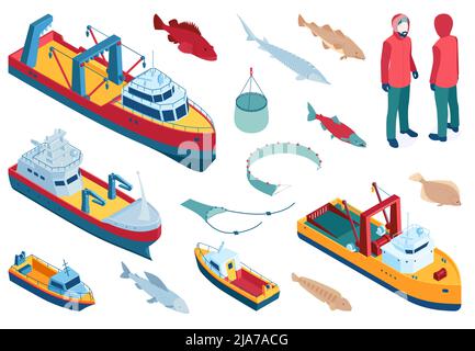Kommerzielle Fischtrawler für industrielle Meeresfrüchte Produktion Farbsatz isometrische Vektor-Illustration Stock Vektor