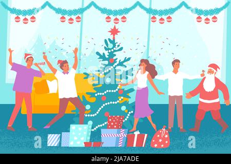 Glückliche Menschen tanzen um geschmückten Baum auf weihnachtsfeier flache Vektor-Illustration Stock Vektor