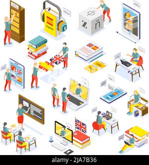 Sprachkurse online Smartphone pc Tablet elektronische Bibliothek Wörterbuch persönliche Tutor Schulunterricht isometrische Set Vektor Illustration Stock Vektor