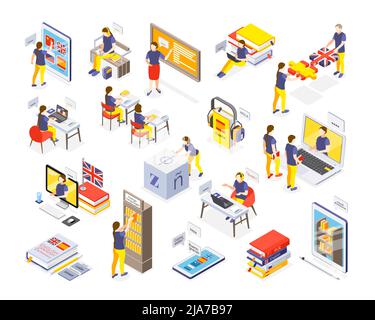 Fremdsprache Online-Klassen elektronische Bibliothek Wörterbücher Zugriff persönlicher Tutor Schulunterricht Kurse isometrische Set Vektor Illustration Stock Vektor
