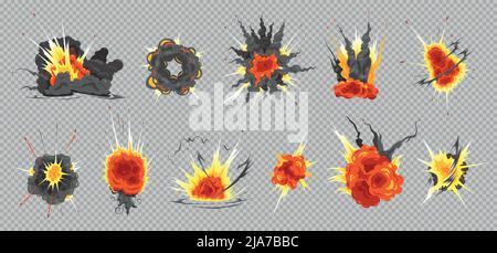 Atombombenexplosionen Schutt Feuer Knall Wolken Form bunt auf grauem transparenten Hintergrund Vektor-Illustration gesetzt Stock Vektor