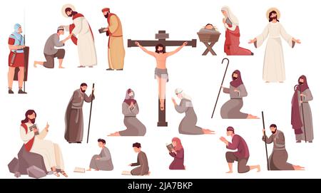 Ostern flache Symbole mit Kreuzigung Auferstehung und Geburt von jesus christus und betende Menschen isoliert auf weißem Hintergrund Vektor-Illustration gesetzt Stock Vektor