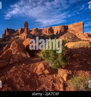 Sonnenaufgang über den drei Klatschen und dem Courthouse Wash im Arches National Park Stockfoto