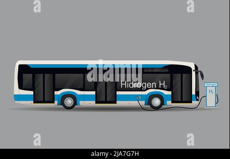 Füllen des blauen Stadtbusses mit Kraftstoff an der Wasserstofftankstelle. Flache Vektorgrafik. Stock Vektor