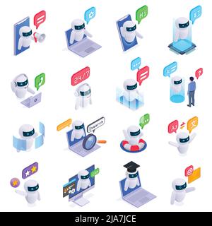 Chatbot Messenger-Icons mit Symbolen für technische Unterstützung isometrische isolierte Vektordarstellung Stock Vektor