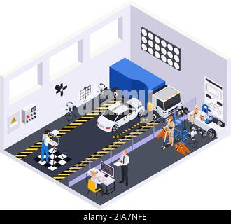 Crash-Test Auto Sicherheit isometrische Zusammensetzung mit Indoor-Landschaft und Auto zerschlagen in LKW Messung Schäden Vektor Illustration Stock Vektor
