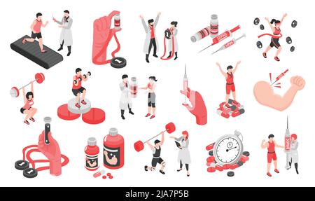Isometrisches Doping im Sport 3D Set mit Arten von anabolen Steroiden und menschlichen Charakteren von Athleten isoliert Vektor-Illustration Stock Vektor