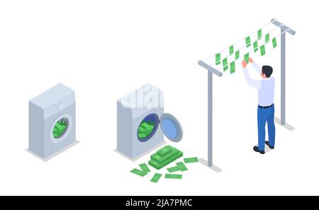 Korruption Bestechung Geld Wäscherei Mann hängen Banknoten auf Wäscheleine Waschmaschinen mit Bargeld isometrischen Vektor Illustration gefüllt Stock Vektor